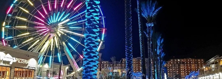 Colorful Ferris wheel illuminated at night with palm trees and resort buildings in the background.