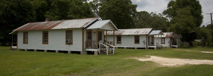 Row of historic wooden houses with metal roofs on a grassy lot surrounded by trees.