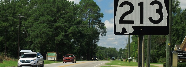 Highway 213 road sign along a rural Alabama road with cars, trees, and roadside buildings.
