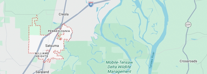 Map of Creola, Alabama area showing city boundaries, nearby towns, and Mobile-Tensaw Delta waterways.