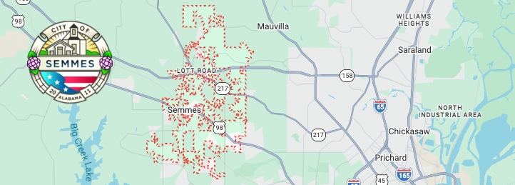 Map of Semmes, Alabama with highlighted city boundaries, major roads, and nearby communities.