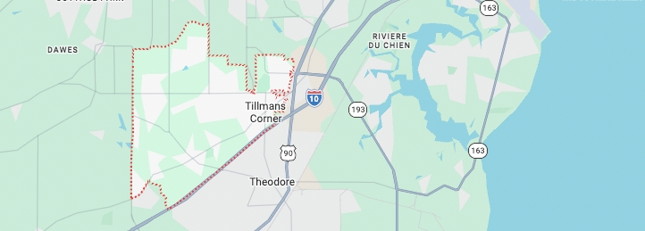 Map of Tillmans Corner, Alabama showing outlined community boundaries, nearby highways, and surrounding areas.