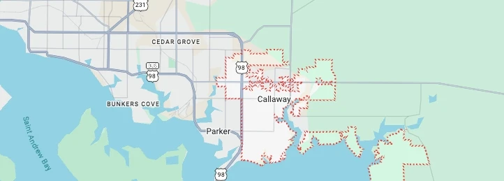 Map showing Callaway, Florida city boundaries near Parker, Cedar Grove, and St. Andrews Bay.