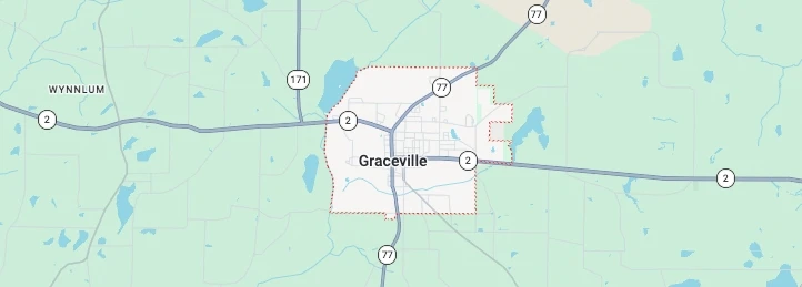 Map showing Graceville, Florida city boundaries with nearby highways, roads, and surrounding rural areas.