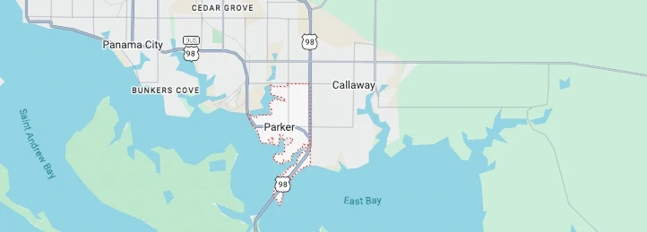 Map showing Parker and Callaway, Florida near Panama City, East Bay, and St. Andrews Bay.
