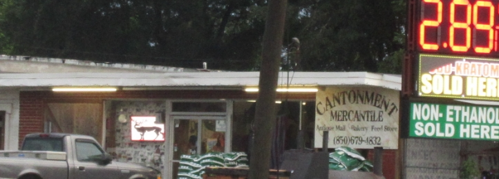 Cantonment Mercantile storefront with fuel prices sign and non-ethanol gas advertisement.