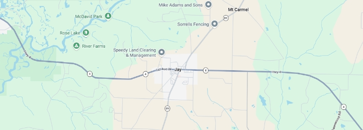 Map of Jay, Florida showing Highway 4, nearby roads, parks, farms, and surrounding rural areas.