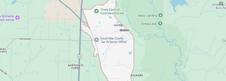 Map of Molino, Florida showing local roads, waterways, parks, and the Escambia County Tax Collector Office.