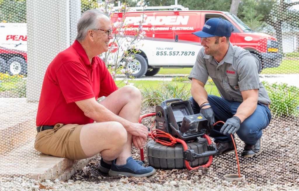 A plumber explaining the drain clearing process with a homeowner