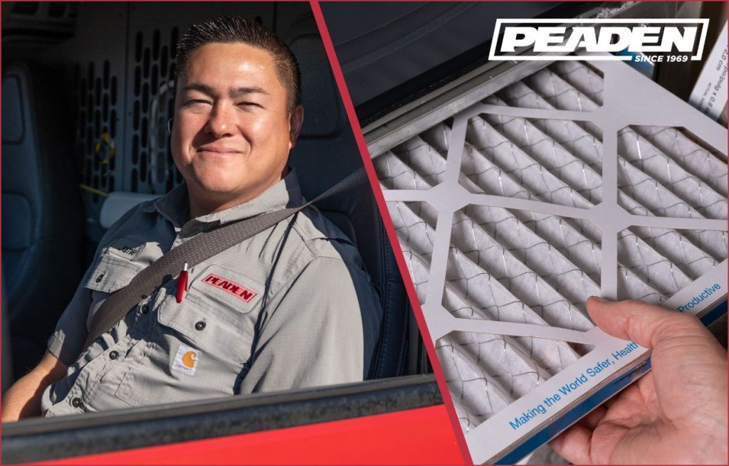 An HVAC technician in his truck split screen with an air filter