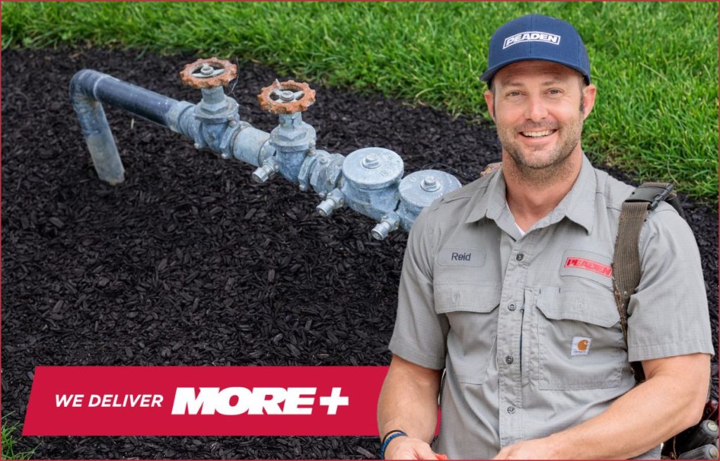 A backflow prevention device overlay on top of the image is a PEADEN plumber