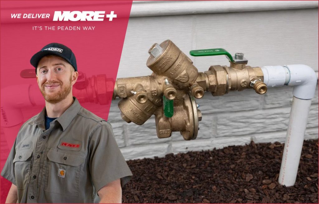 Peaden plumber superimposed over a backflow prevention valve.