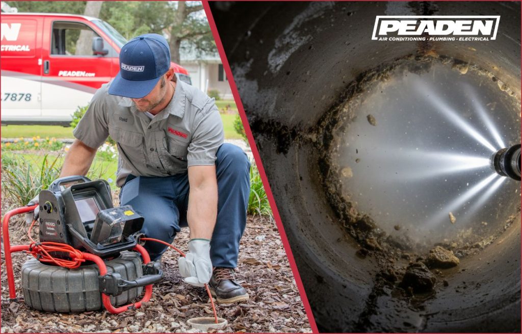 A plumber using a drain camera split screen with a Hydro jet in a pipe