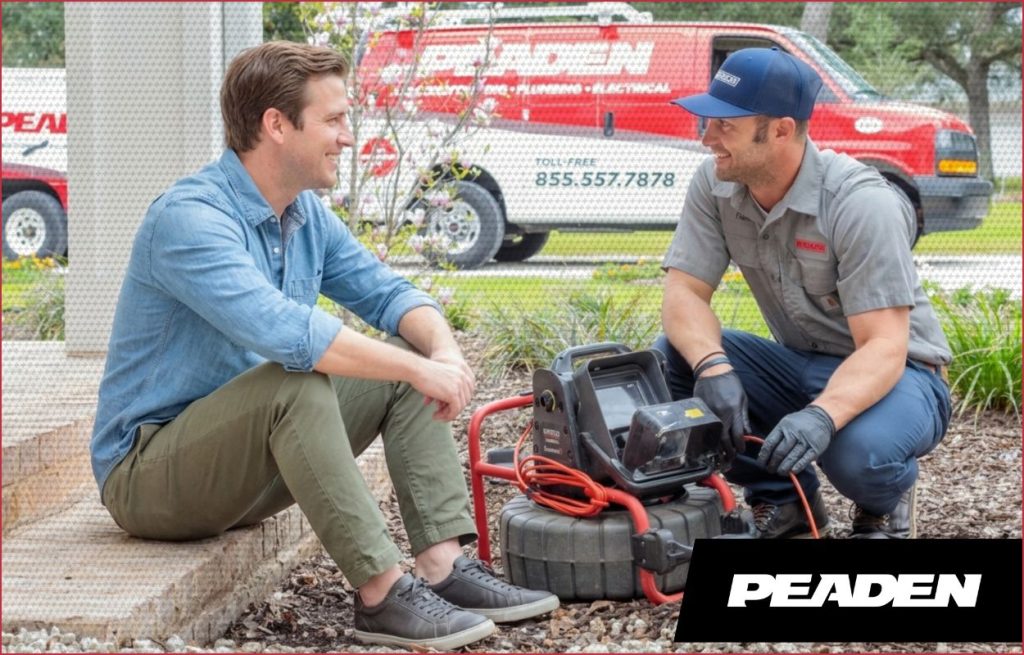 The plumber doing a drain camera inspection with the homeowner.