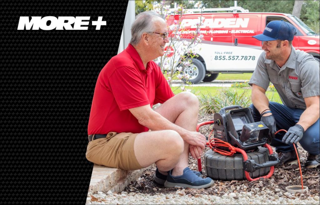 A Peaden plumber, discussing sewer, camera inspections with the homeowner.