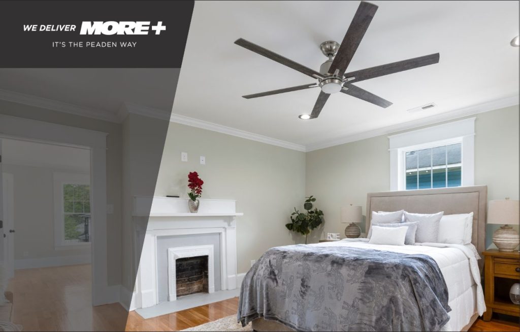 A ceiling fan in a modern bedroom.
