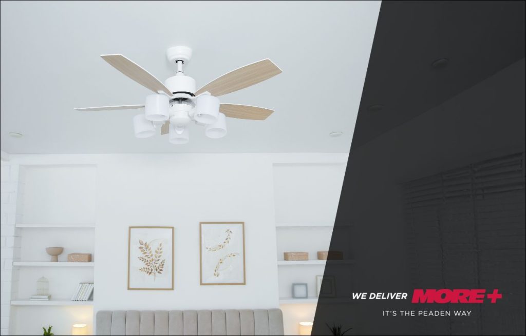 A ceiling fan in a modern living room.
