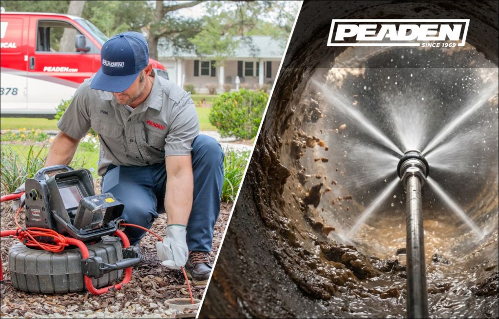 Split screen showing drain camera inspection and a hydro jet.