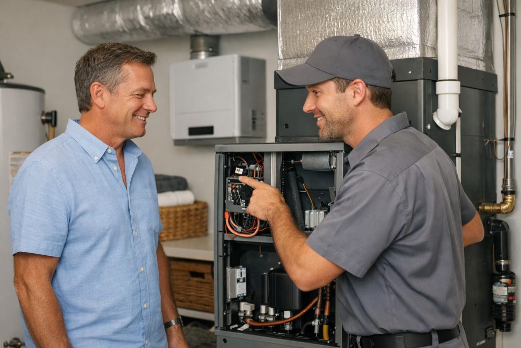 Homeowner reviewing new AC installation with technician