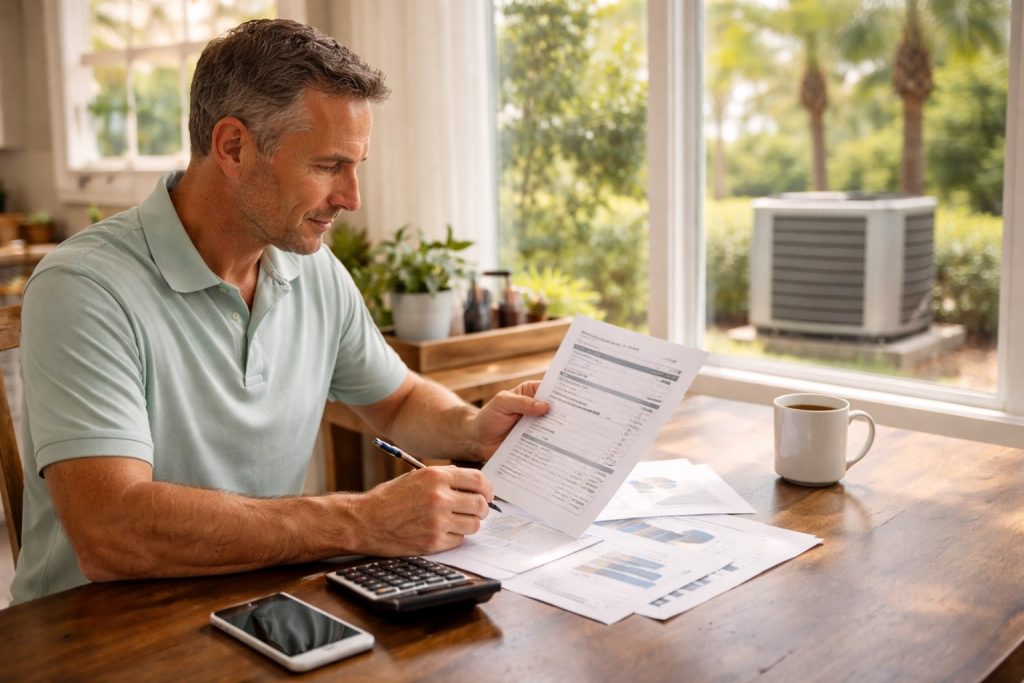 Baldwin County homeowner reviewing new AC installation with technician