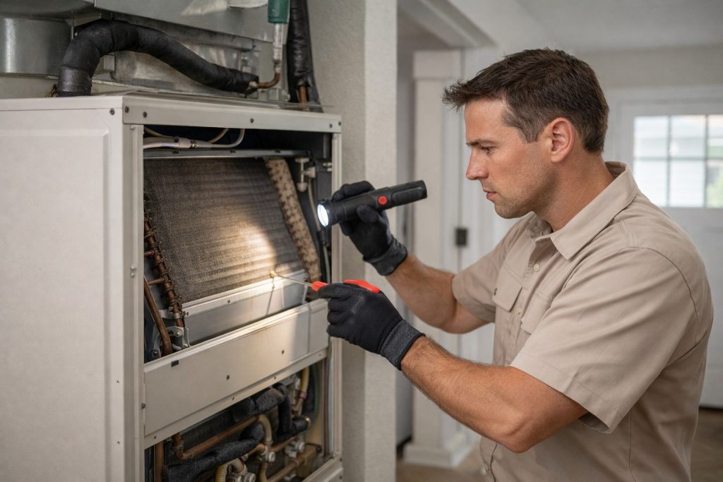 Technician comparing of poor and proper AC airflow and cooling performance