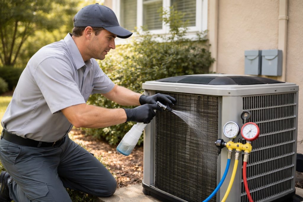 HVAC technician cleaning outdoor AC condenser coils