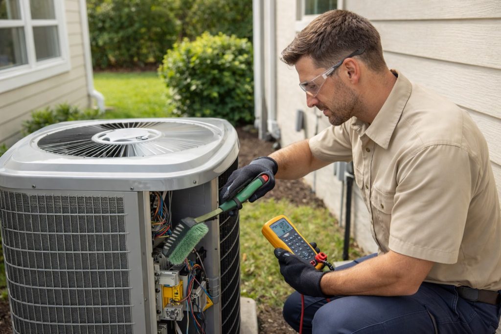 HVAC technician servicing outdoor AC condenser unit