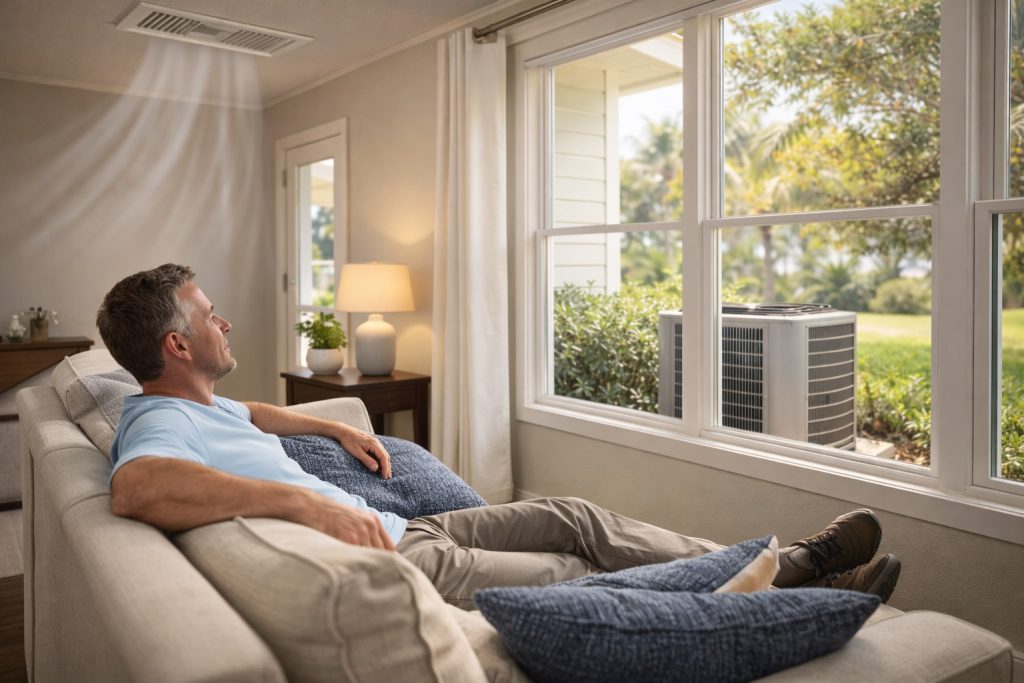 Comfortable living room after new AC installation in Gulf Coast home