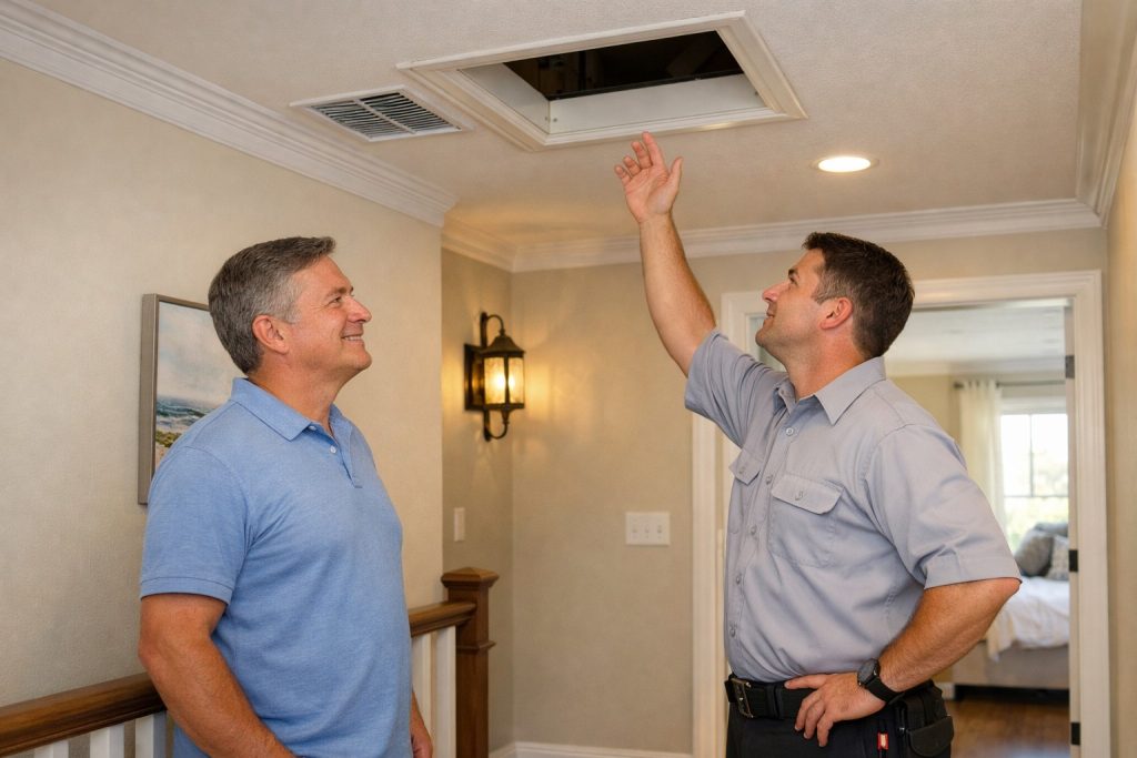 Homeowner reviewing attic ventilation improvement with technician