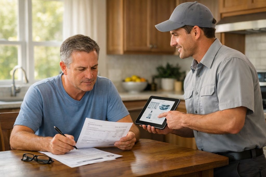 Technician evaluating attic space for fan installation.