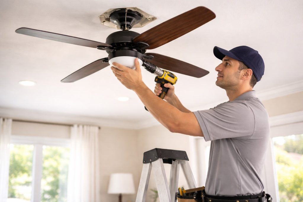 Electrician installing ceiling fan with proper mounting hardware.