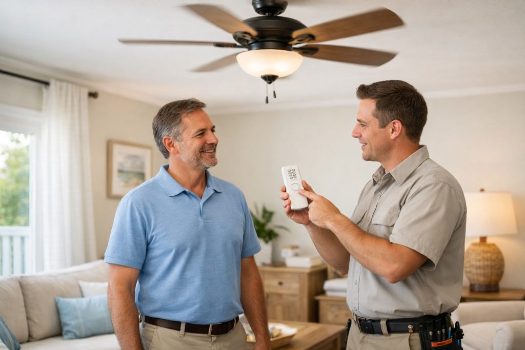 Homeowner reviewing new ceiling fan installation with technician