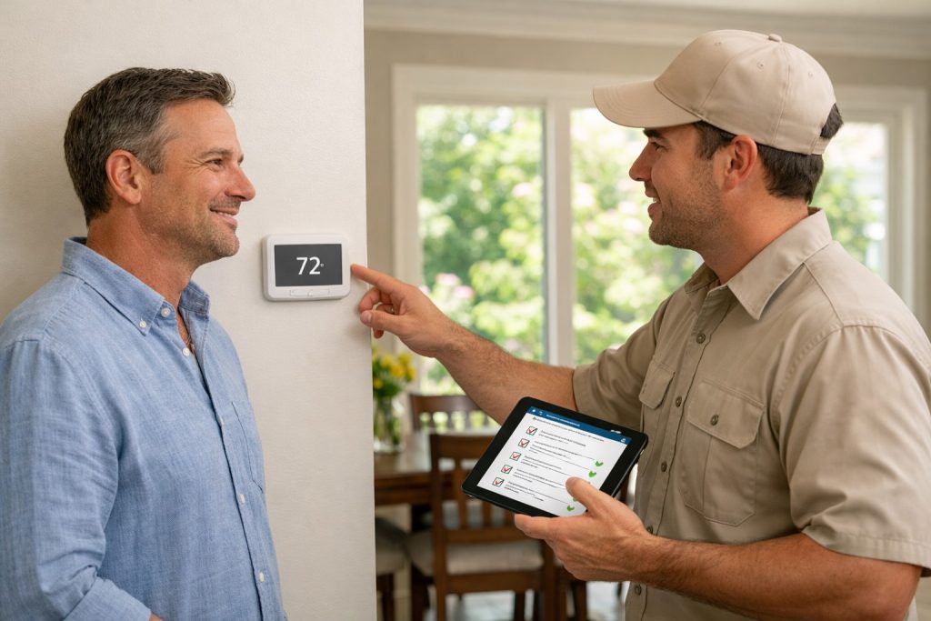 HVAC technician performing spring AC maintenance indoors