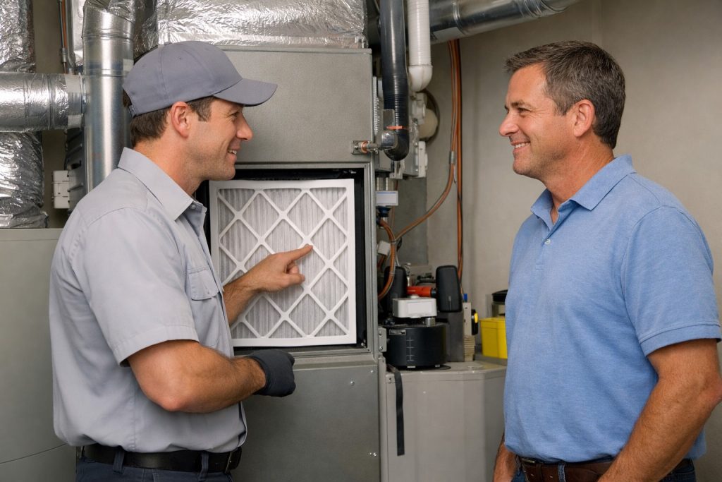 Homeowner with HVAC technician improving AC airflow