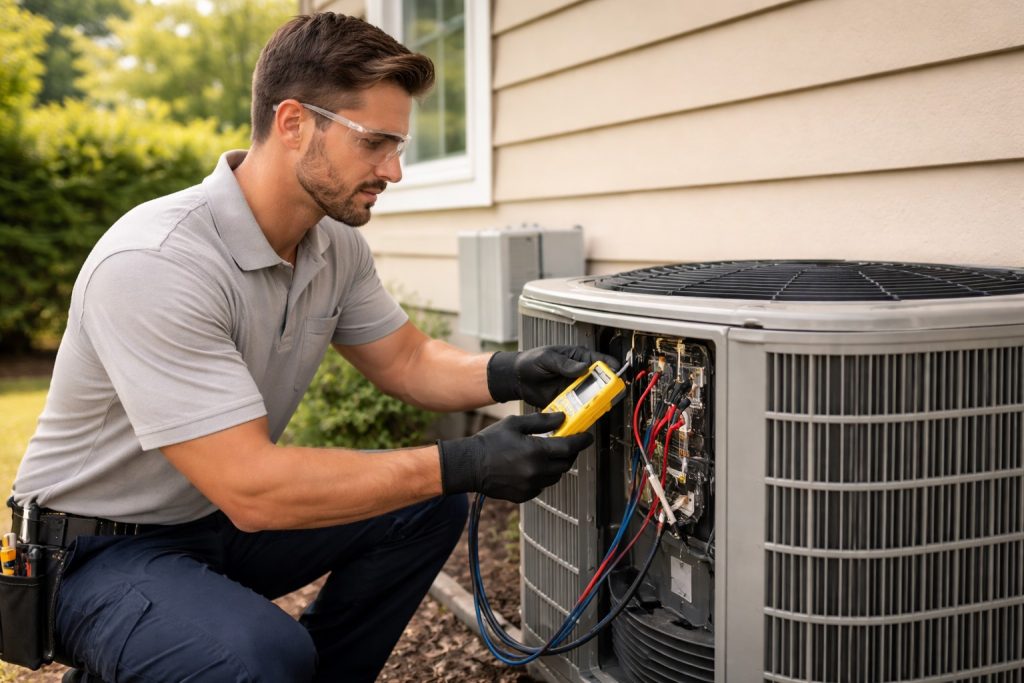 Technician checking AC electrical components with multimeter
