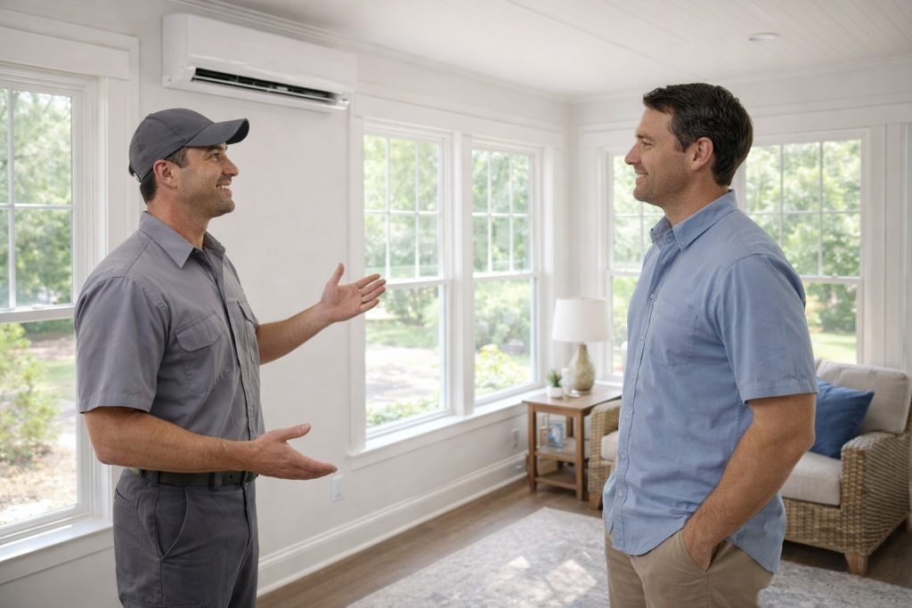 Homeowner discussing mini split placement with technician