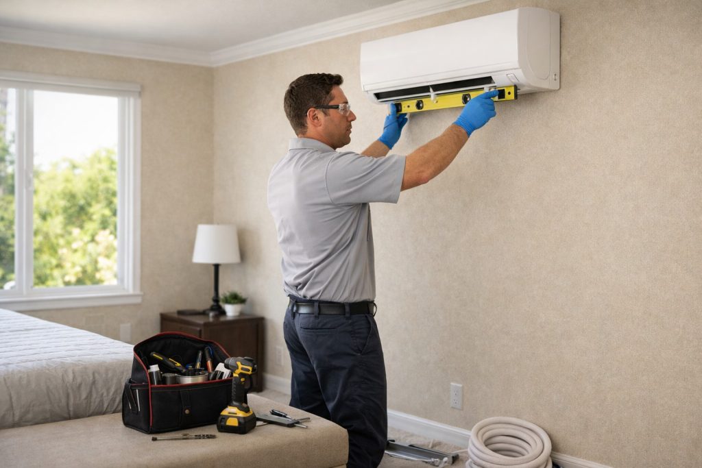 HVAC technician installing wall-mounted mini split indoor unit in upstairs bedroom