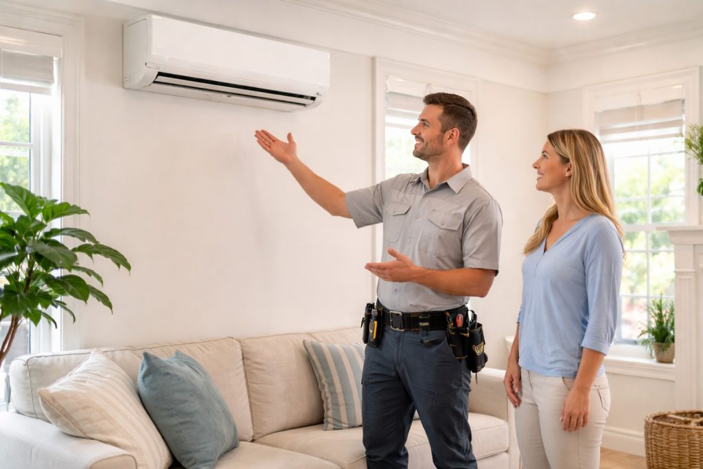 Homeowner reviewing mini split system with HVAC technician indoors