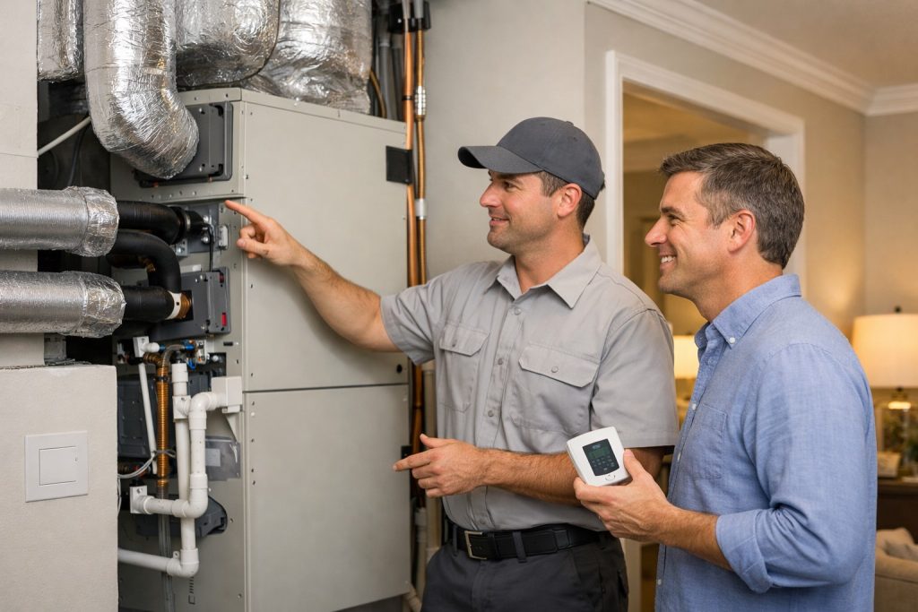 Homeowner reviewing new AC installation with technician