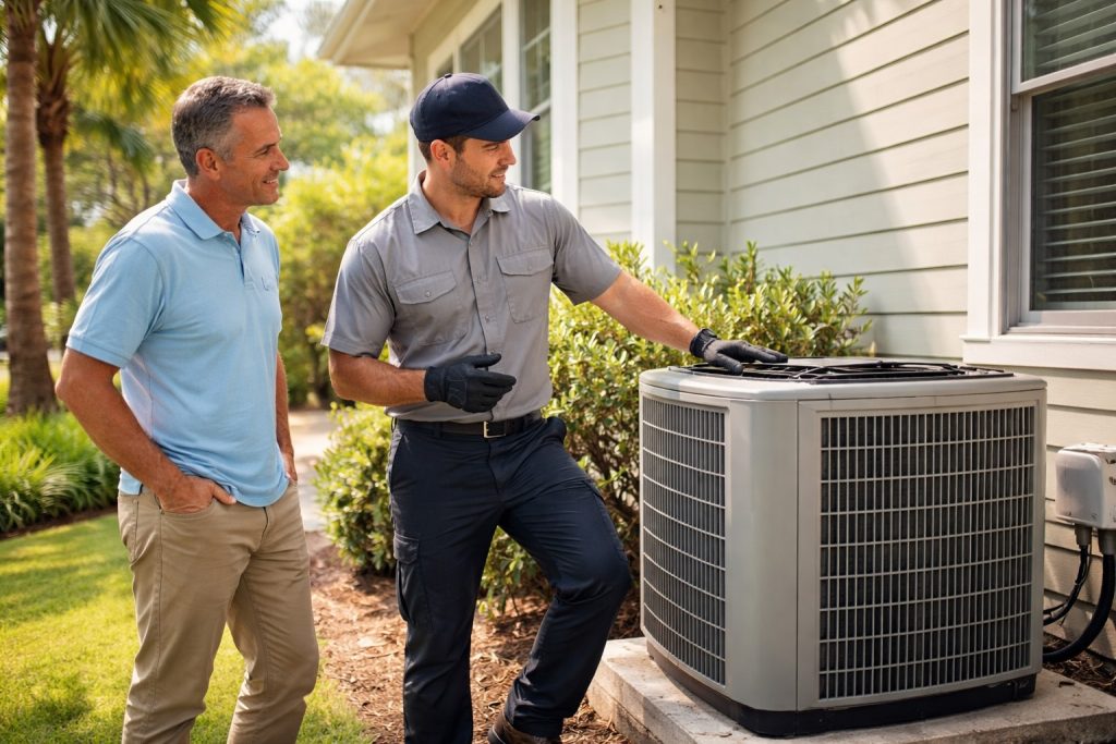 Baldwin County homeowner reviewing new AC installation with technician
