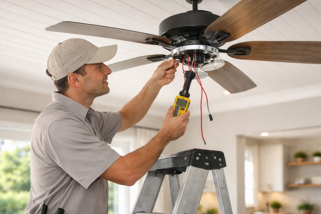 Electrician installing ceiling fan with proper tools and wiring