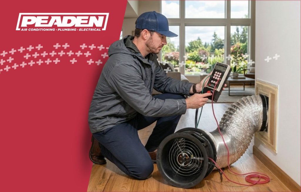 A Peaden HVAC tech checking for duct leaks