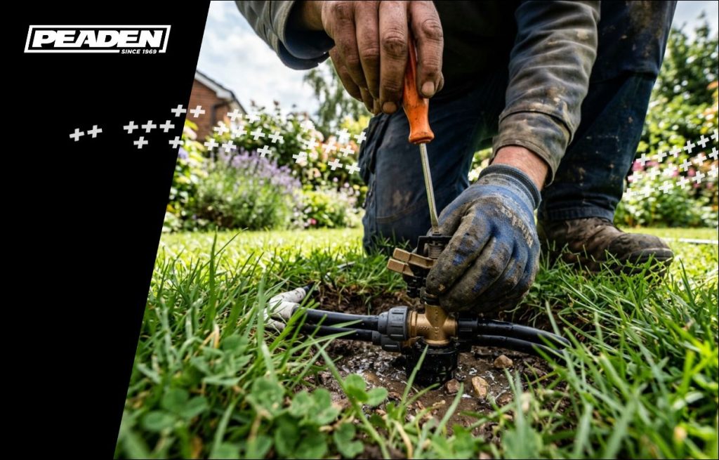 A Peaden plumber adjusting a sprinkler