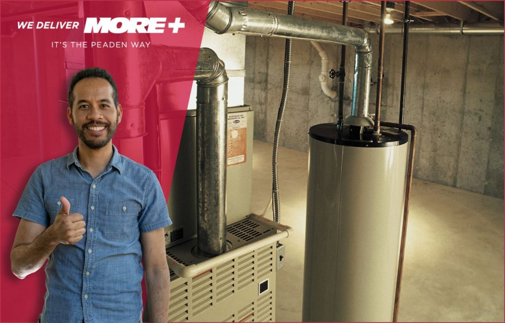 A new water heater and a man giving a thumbs up.