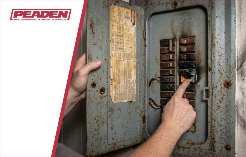 A Peaden Electrician working on a damaged electrical box.