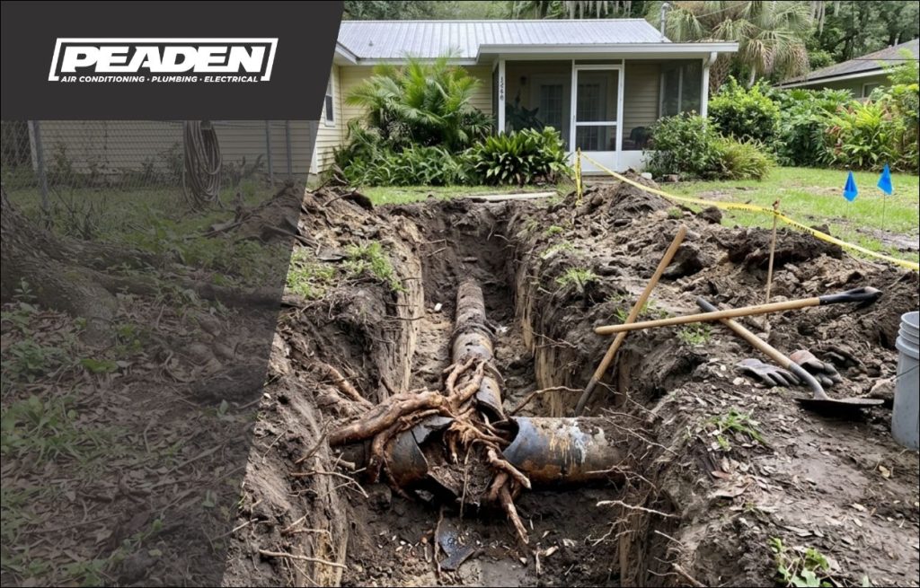 Tree roots breaking through a pipe in a backyard.