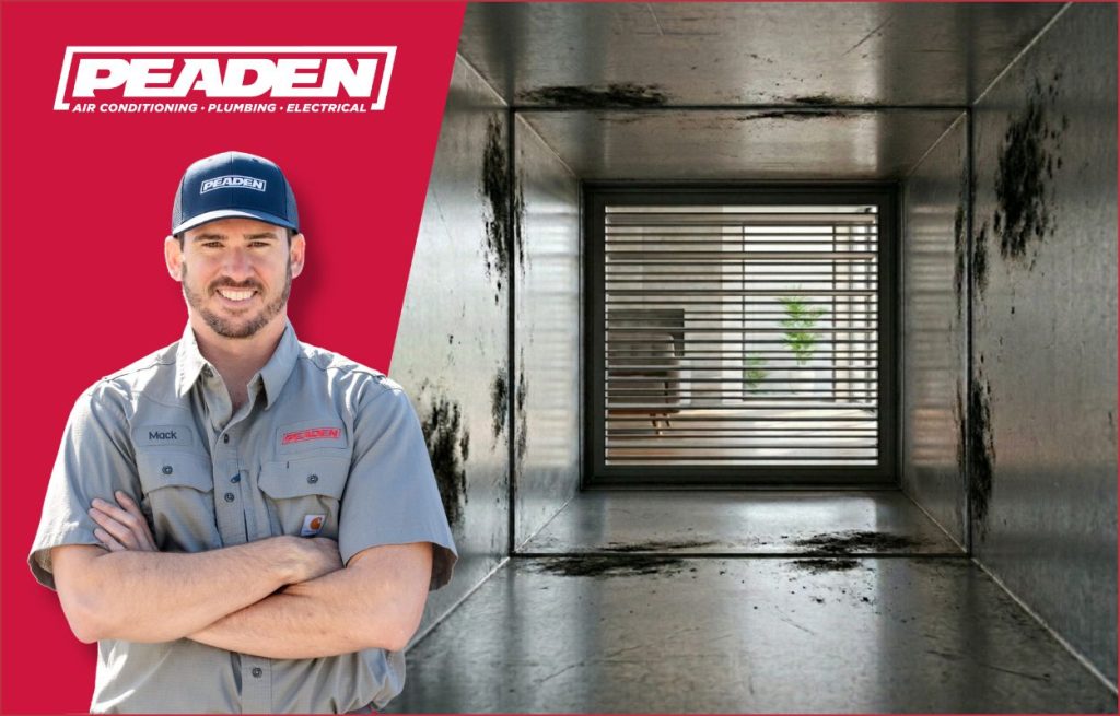 A Peaden HVAC tech standing in front of a dirty, moldy duct.