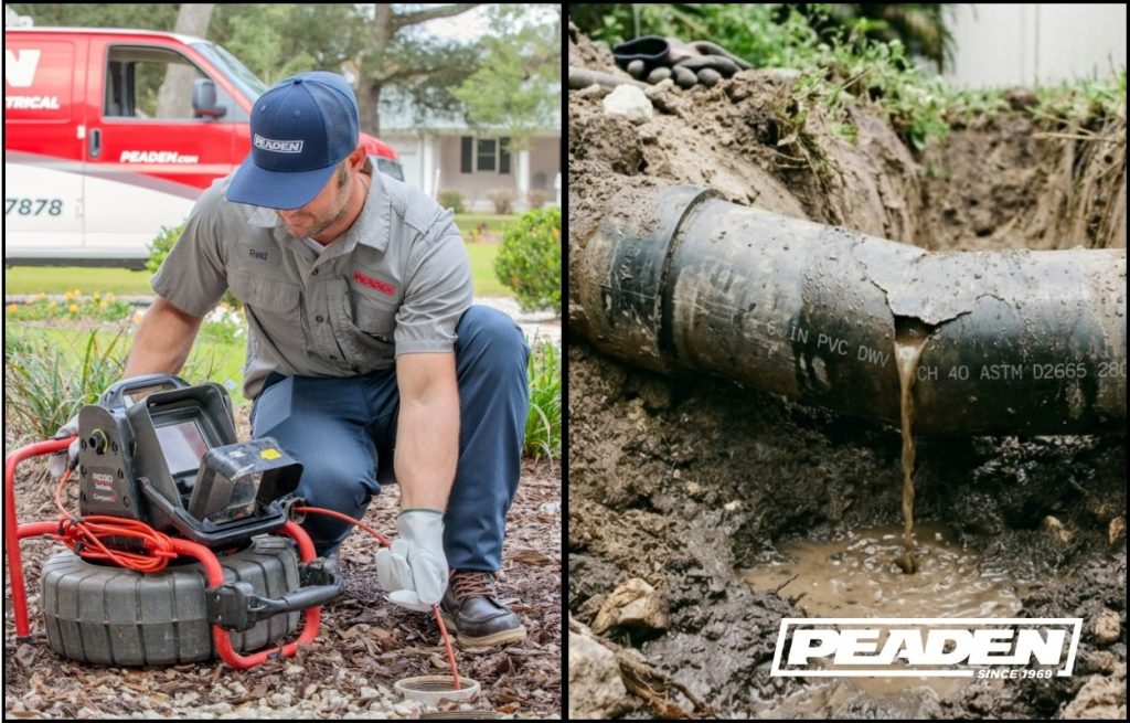 A Peaden plumber using a drain camera. Split screen with a broken pipe.