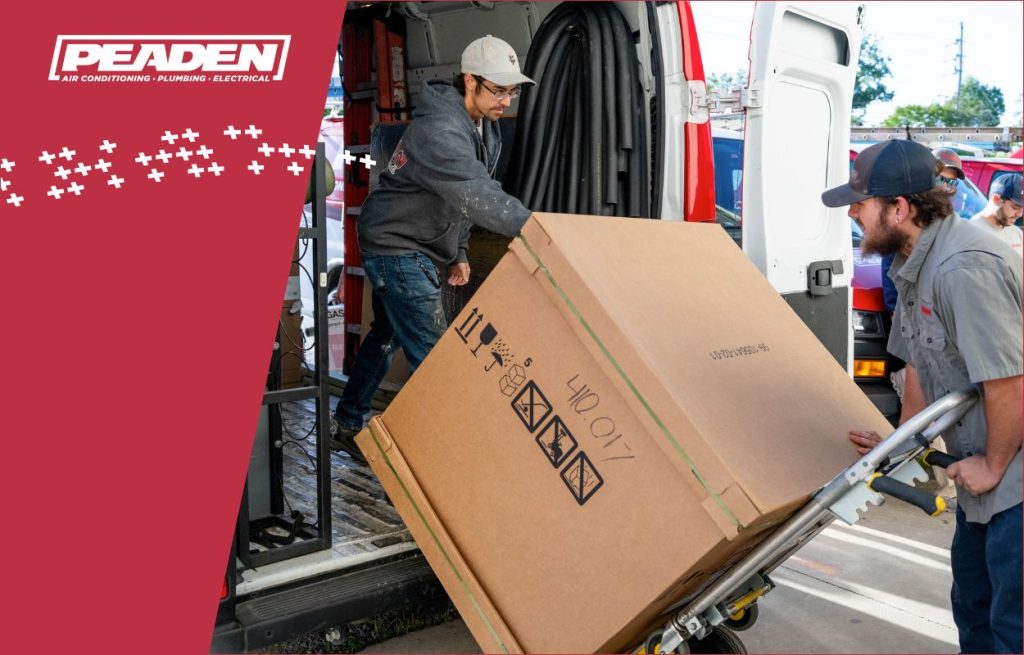 A Peaden HVAC techs delivering an AC unit that is the correct size.