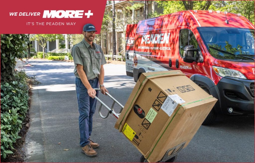 A Peaden HVAC tech delivering a new heat AC unit.